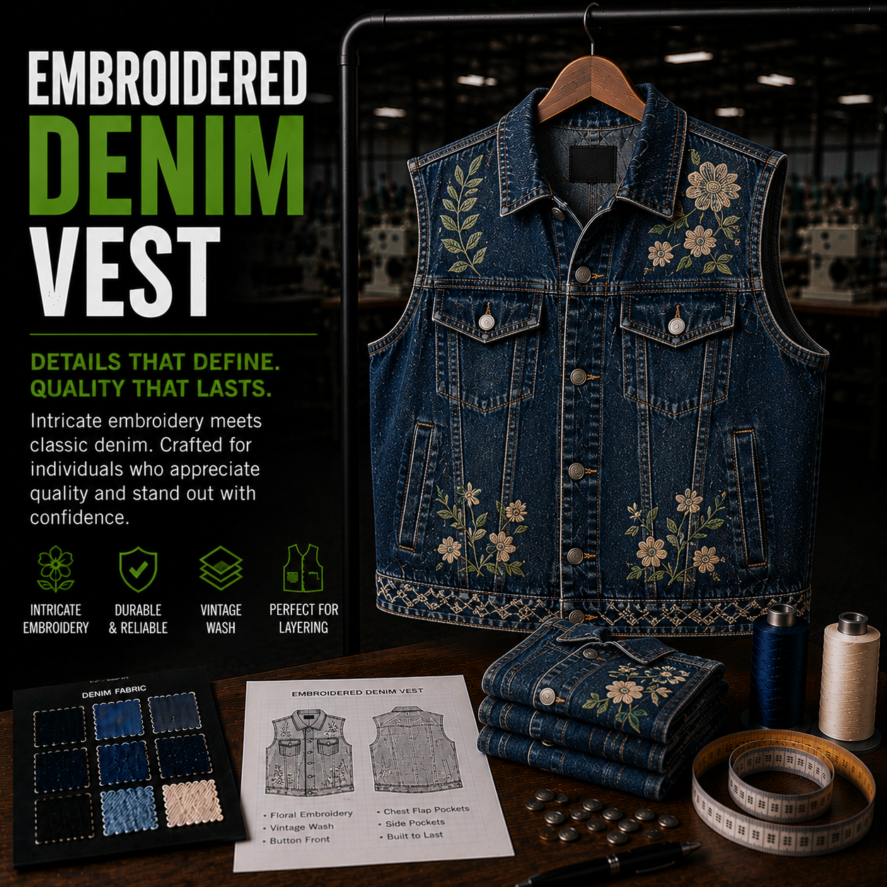 Embroidered denim vest infographic showing floral embroidery design on vest with fabric swatches, tech sketch, and features including intricate embroidery, vintage wash, and layering fit
