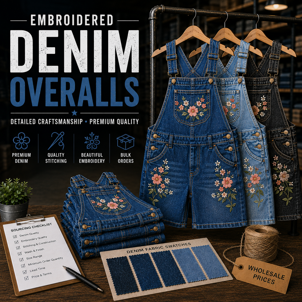 Embroidered Denim Overalls Manufacturer – Custom embroidered denim overalls wholesale by Eco Jersey