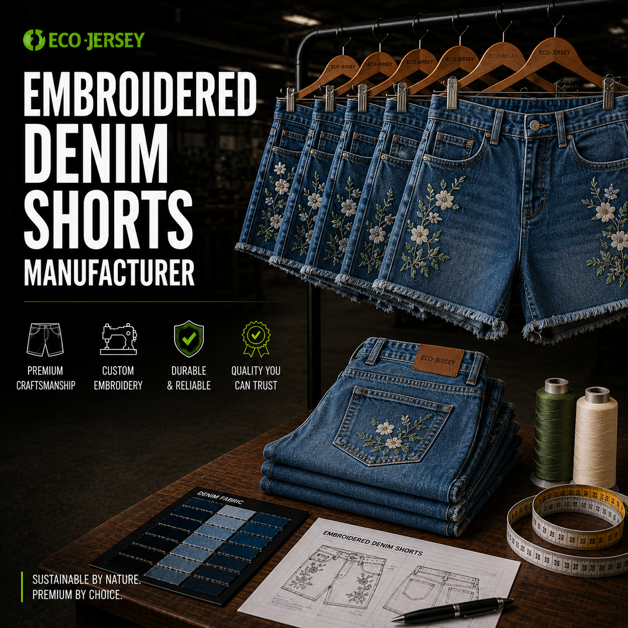 Eco Jersey embroidered denim shorts manufacturer banner showing blue denim shorts with white floral daisy embroidery hanging on a rack and stacked, with fabric swatches, thread spools, tape measure, and tech sketch highlighting premium craftsmanship, custom embroidery, durability, and quality