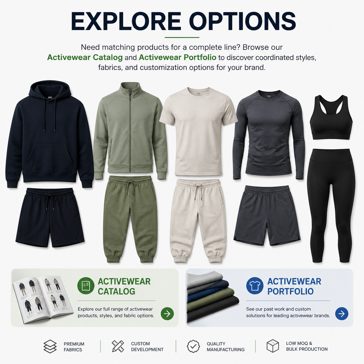 Explore activewear product options by Eco Jersey including joggers, shorts and leggings, with activewear catalog, portfolio, premium fabrics, custom development, quality manufacturing and low MOQ features