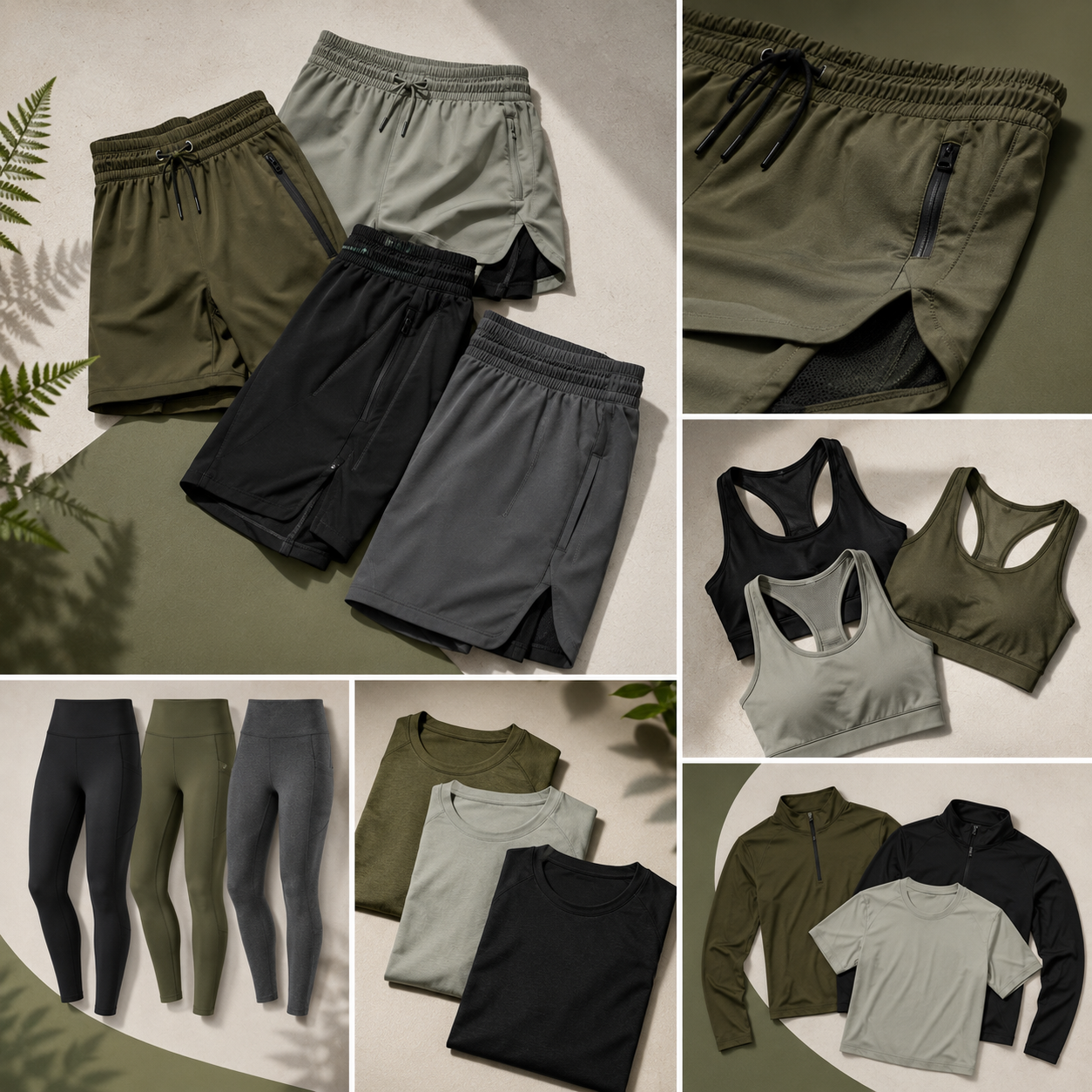 Eco Jersey explore activewear options collage showing flatlay of shorts, sports bras, leggings, t-shirts, and quarter-zip tops in olive, grey, and black for fitness brands