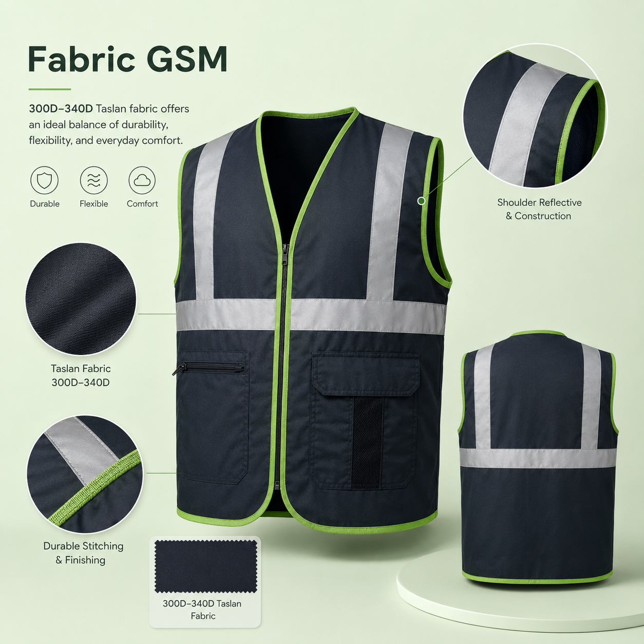 Fabric GSM weight chart infographic for premium workwear safety vest manufacturer product page