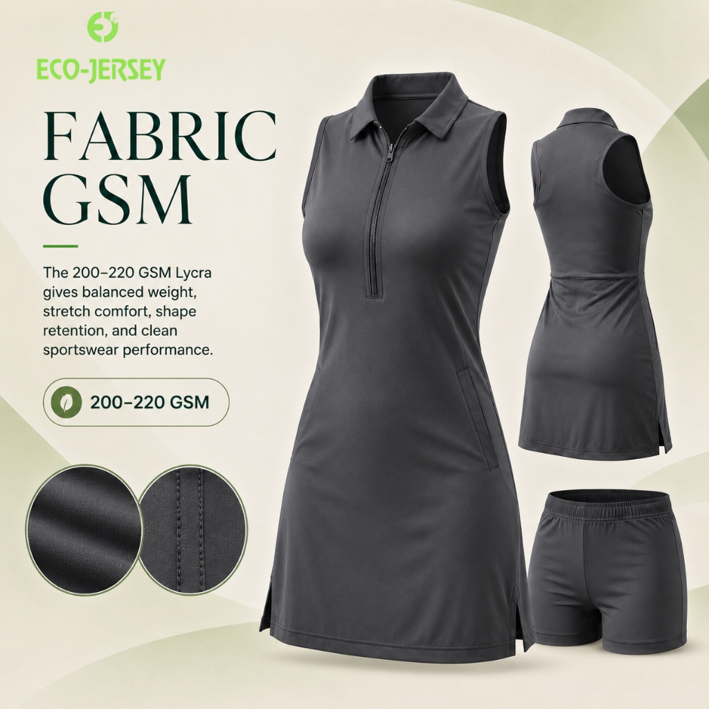 Eco Jersey fabric GSM infographic banner showing a custom dark grey solid dress and matching shorts set, highlighting the 200-220 GSM Lycra fabric with close-up texture callouts for balanced weight, stretch comfort, shape retention, and sportswear performance