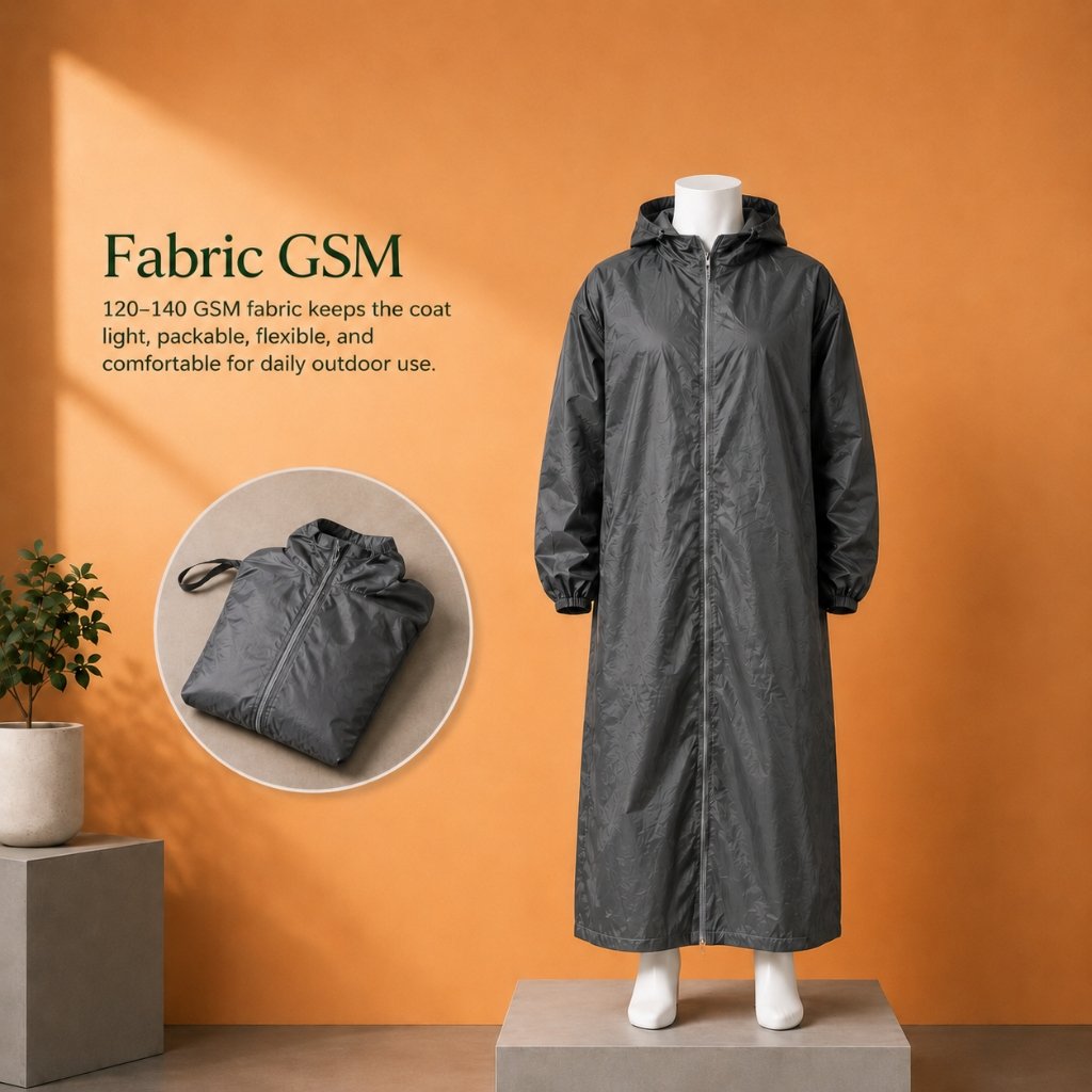 Fabric GSM weight detail for Long Rain Coat