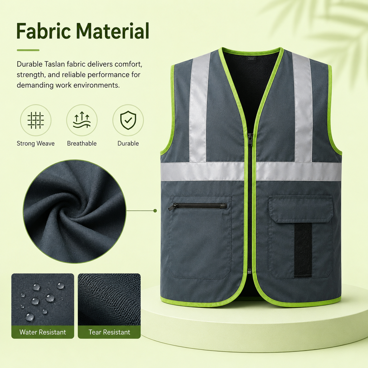 Fabric material infographic showing Taslan material properties for premium workwear safety vest product page