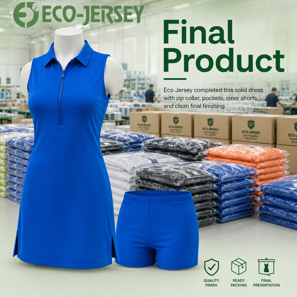 Eco Jersey final product banner showing a custom blue solid dress with zip collar and matching shorts, with the factory warehouse in the background and quality finish, ready packing, and final presentation icons