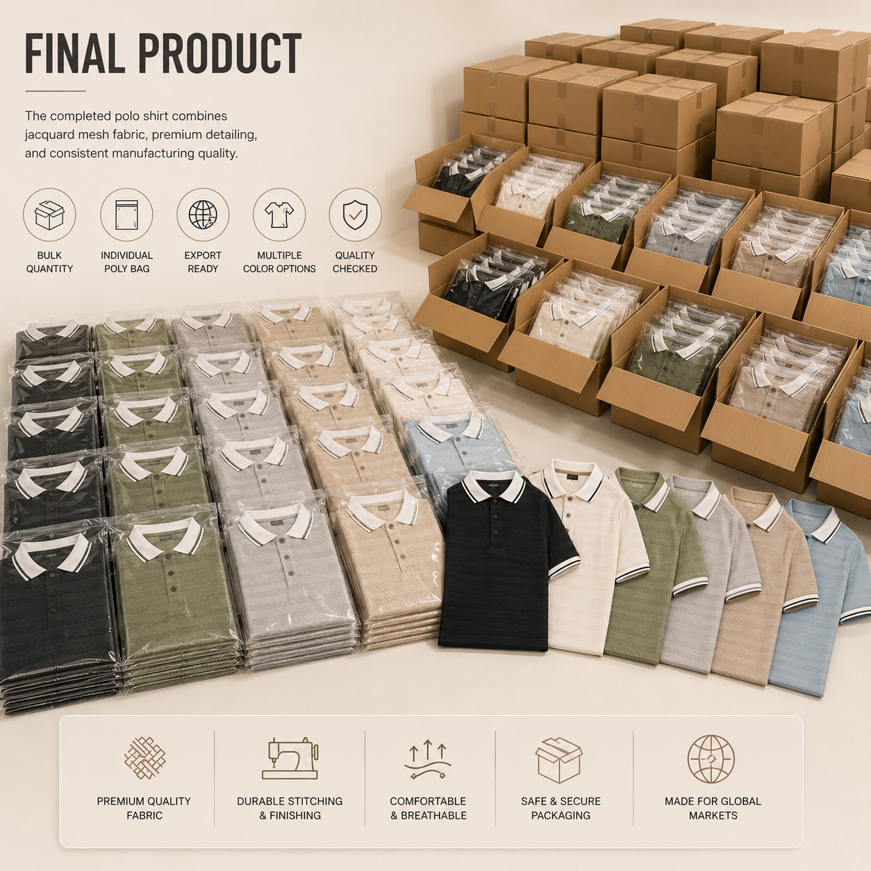 Jacquard mesh polo shirts stacked in multiple colors with bulk export packaging, highlighting bulk quantity, poly bag, export ready, multiple color options, and quality checked features