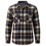 Custom men's flannel plaid shirt by Eco Jersey in navy blue, brown, and cream check pattern, featuring dual chest pockets, button-front closure, long sleeves, and a relaxed fit