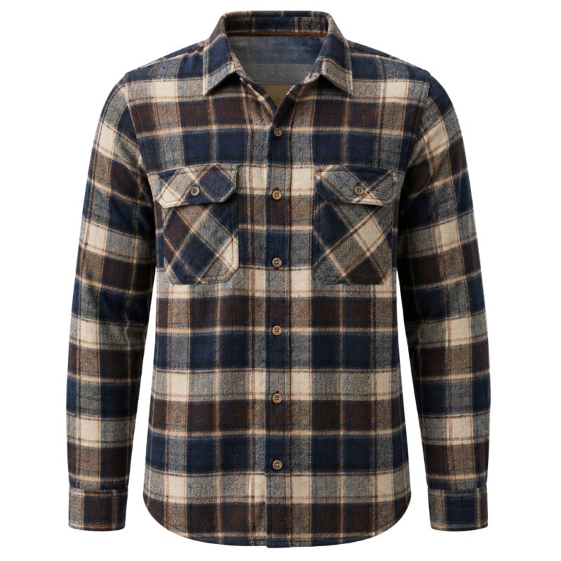 Custom men's flannel plaid shirt by Eco Jersey in navy blue, brown, and cream check pattern, featuring dual chest pockets, button-front closure, long sleeves, and a relaxed fit