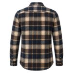 Back view of a custom men's flannel plaid shirt by Eco Jersey in navy blue, brown, and cream check pattern, showing the rear yoke, long sleeve construction, back panel, and shirt tail hem