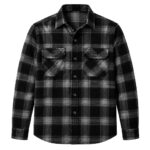 Custom men's black plaid flannel shirt by Eco Jersey in a black and gray check pattern, featuring dual chest pockets, button-front closure, long sleeves with button cuffs, and a relaxed everyday fit