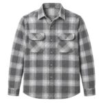 Custom men's gray plaid flannel shirt by Eco Jersey in a gray and white check pattern, featuring dual chest pockets, button-front closure, long sleeves with button cuffs, and a relaxed everyday fit