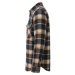 Side view of a custom men's flannel plaid shirt by Eco Jersey in navy blue, brown, and cream check pattern, showing the side profile, chest pocket flap, sleeve length, and shirt tail hem
