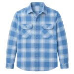 Custom men's sky blue plaid flannel shirt by Eco Jersey featuring a light blue and white check pattern, dual chest pockets, button-front closure, long sleeves, and a relaxed everyday fit