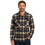 Smiling bearded man wearing a custom navy blue, brown, and cream plaid flannel shirt by Eco Jersey, paired with dark jeans, showcasing a casual and stylish everyday look