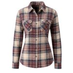 Custom women's flannel plaid shirt by Eco Jersey featuring a red, blue, and cream check pattern, button-front closure, dual chest pockets, and a fitted tailored silhouette