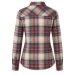 Back view of a custom women's flannel plaid shirt by Eco Jersey in red, blue, and cream check pattern, showing the rear construction, curved hem, long sleeves with button cuffs, and fitted silhouette