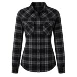 Custom women's black plaid flannel shirt by Eco Jersey featuring a black and dark gray check pattern, button-front closure, dual chest pockets, long sleeves, and a fitted tailored silhouette