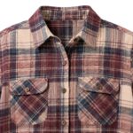 Close-up view of the collar, dual chest pockets, and button-front detail on a custom red, blue, and cream plaid flannel shirt for women by Eco Jersey, showcasing fabric quality and construction