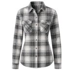 Custom women's gray plaid flannel shirt by Eco Jersey featuring a gray and white check pattern, button-front closure, dual chest pockets, long sleeves, and a fitted tailored silhouette