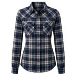 Custom women's navy blue plaid flannel shirt by Eco Jersey featuring a navy and white check pattern, button-front closure, dual chest pockets, long sleeves, and a fitted tailored silhouette