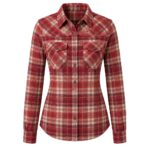 Custom women's red plaid flannel shirt by Eco Jersey featuring a red and cream check pattern, button-front closure, dual chest pockets, long sleeves, and a fitted tailored cut