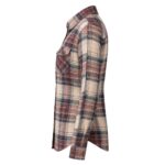 Side view of a custom women's flannel plaid shirt by Eco Jersey in red, blue, and cream check pattern, showing the side profile, long sleeves, chest pocket, and button-front construction