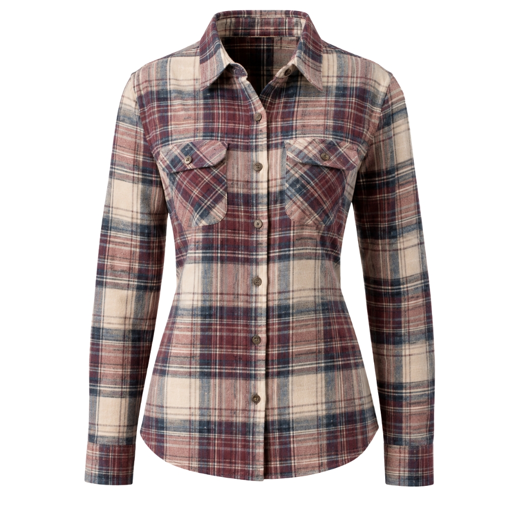 Flannel shirts for women Custom women's flannel plaid shirt by Eco Jersey featuring a red, blue, and cream check pattern, button-front closure, dual chest pockets, and a fitted tailored silhouette