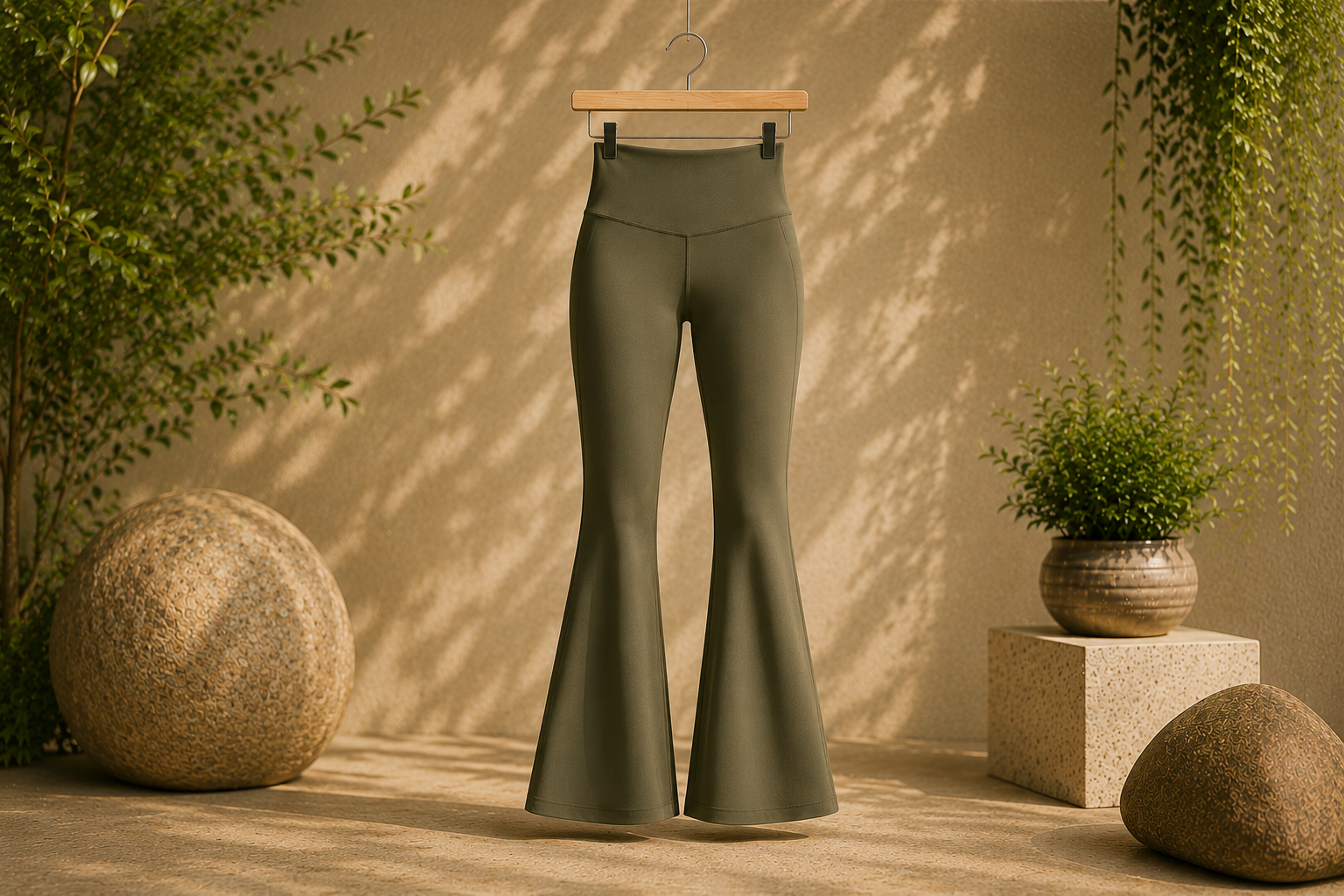 Custom flared leggings manufacturer showing women's high-waist flared yoga pants with wide flared leg opening for fitness brands and activewear retailers