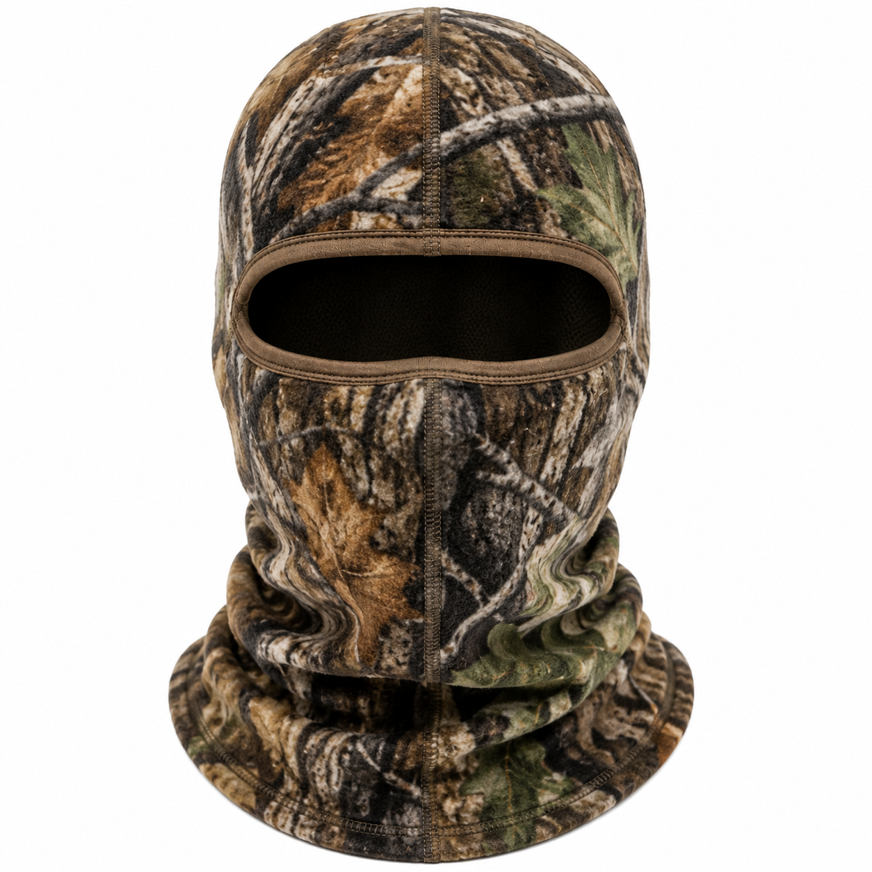 Custom fleece camouflage balaclava by Eco Jersey in brown woodland tree camo pattern, featuring a warm fleece construction, oval eye opening, full face and neck coverage with a neck gaiter extension, for cold weather concealment
