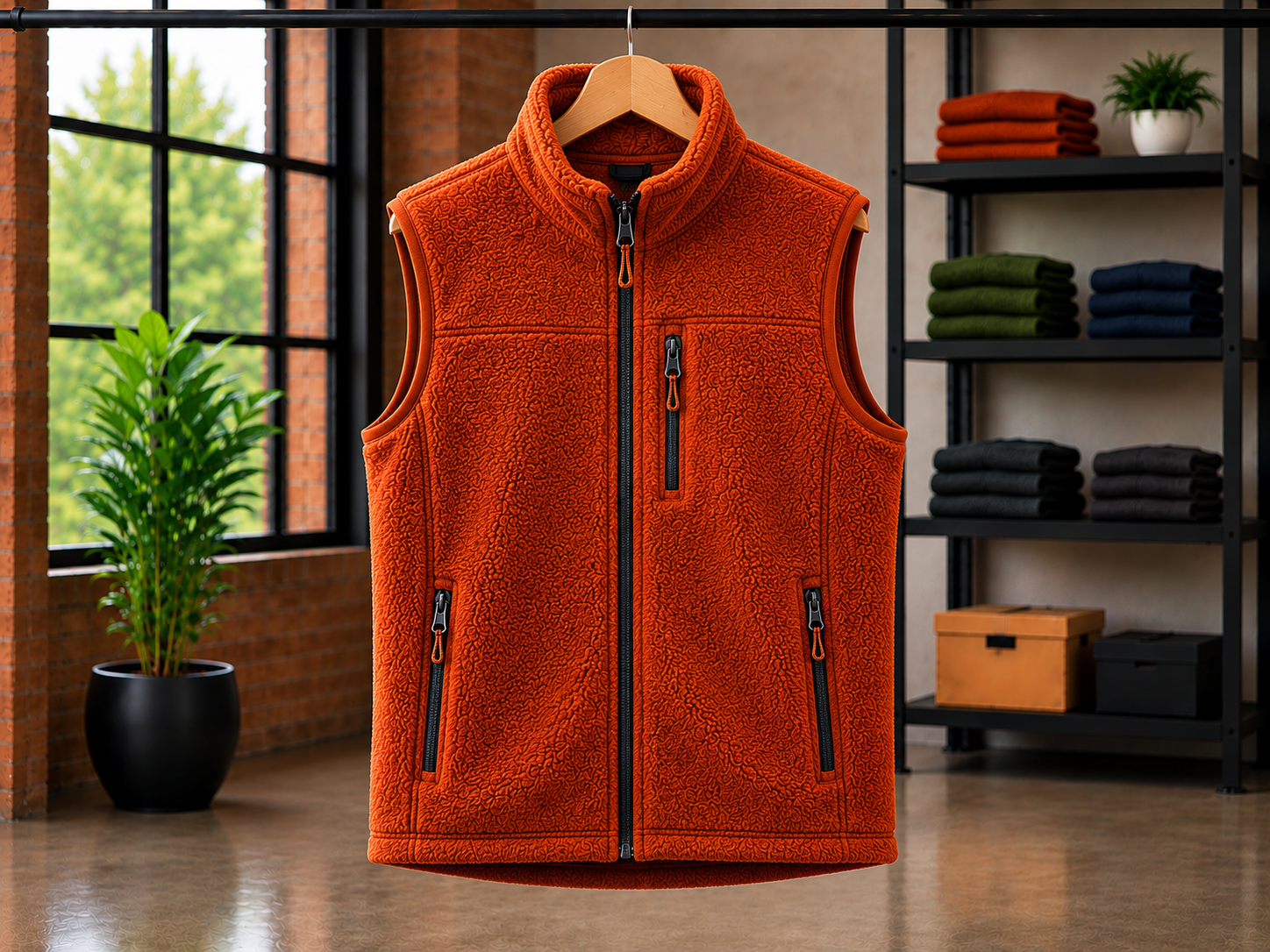 Custom orange rust fleece gilet body warmer by Eco Jersey on a hanger, featuring a full-length zip front, dual side zip pockets, high collar, and thick sherpa fleece fabric in a modern studio setting