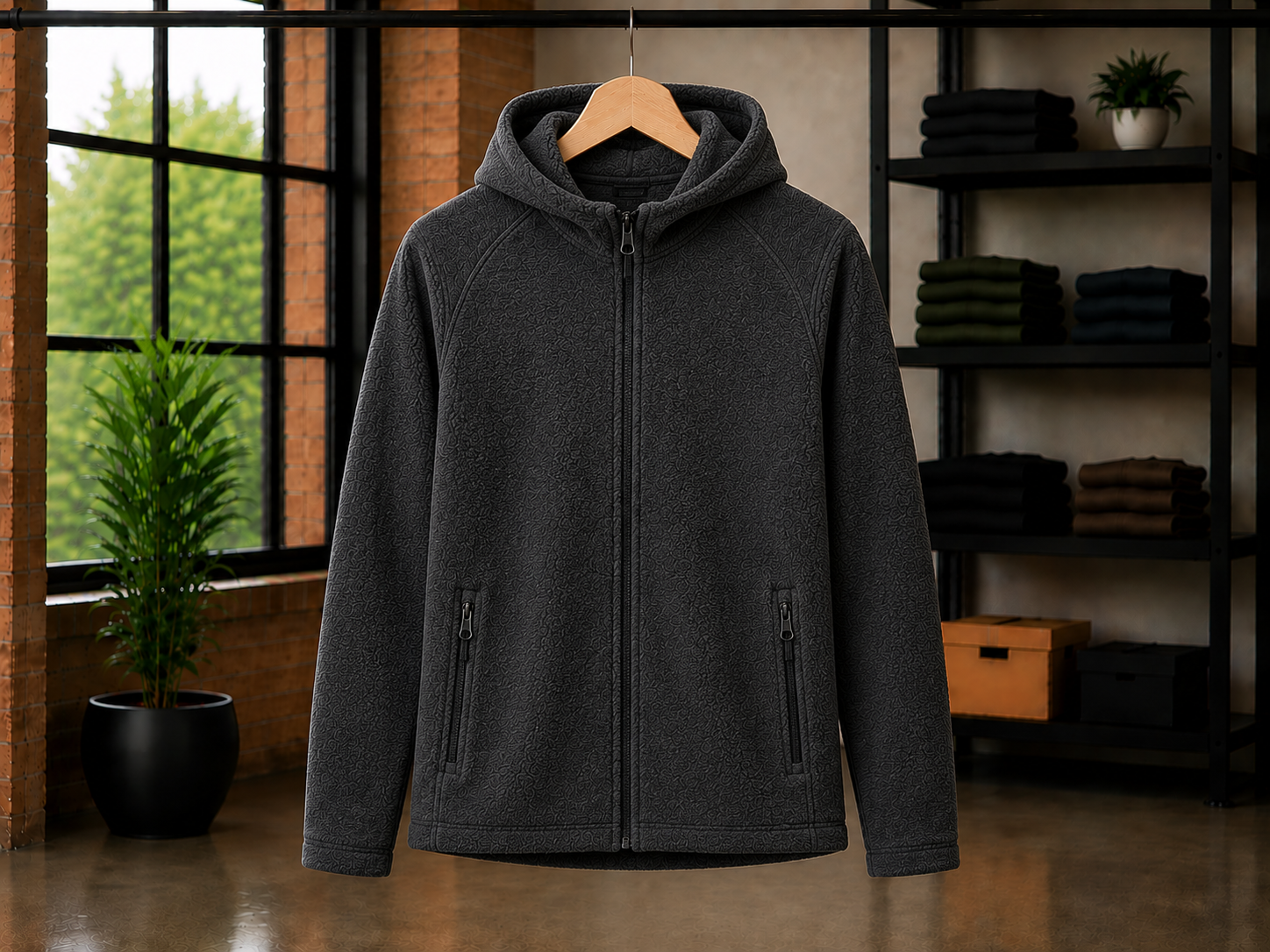 Custom dark gray fleece hoodie by Eco Jersey on a hanger, featuring a full-zip front, attached drawstring hood, dual hand pockets, long sleeves, and thick soft fleece fabric in a modern studio setting