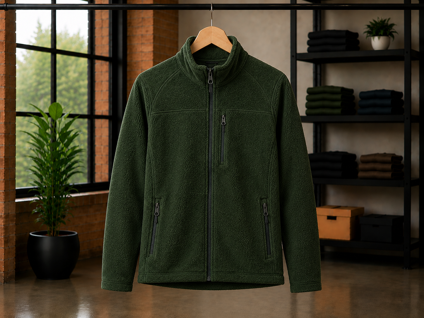 Custom forest green full-zip fleece jacket by Eco Jersey on a hanger, featuring a high neck collar, full-length zipper, dual side zip pockets, long sleeves, and thick sherpa fleece fabric in a modern studio setting
