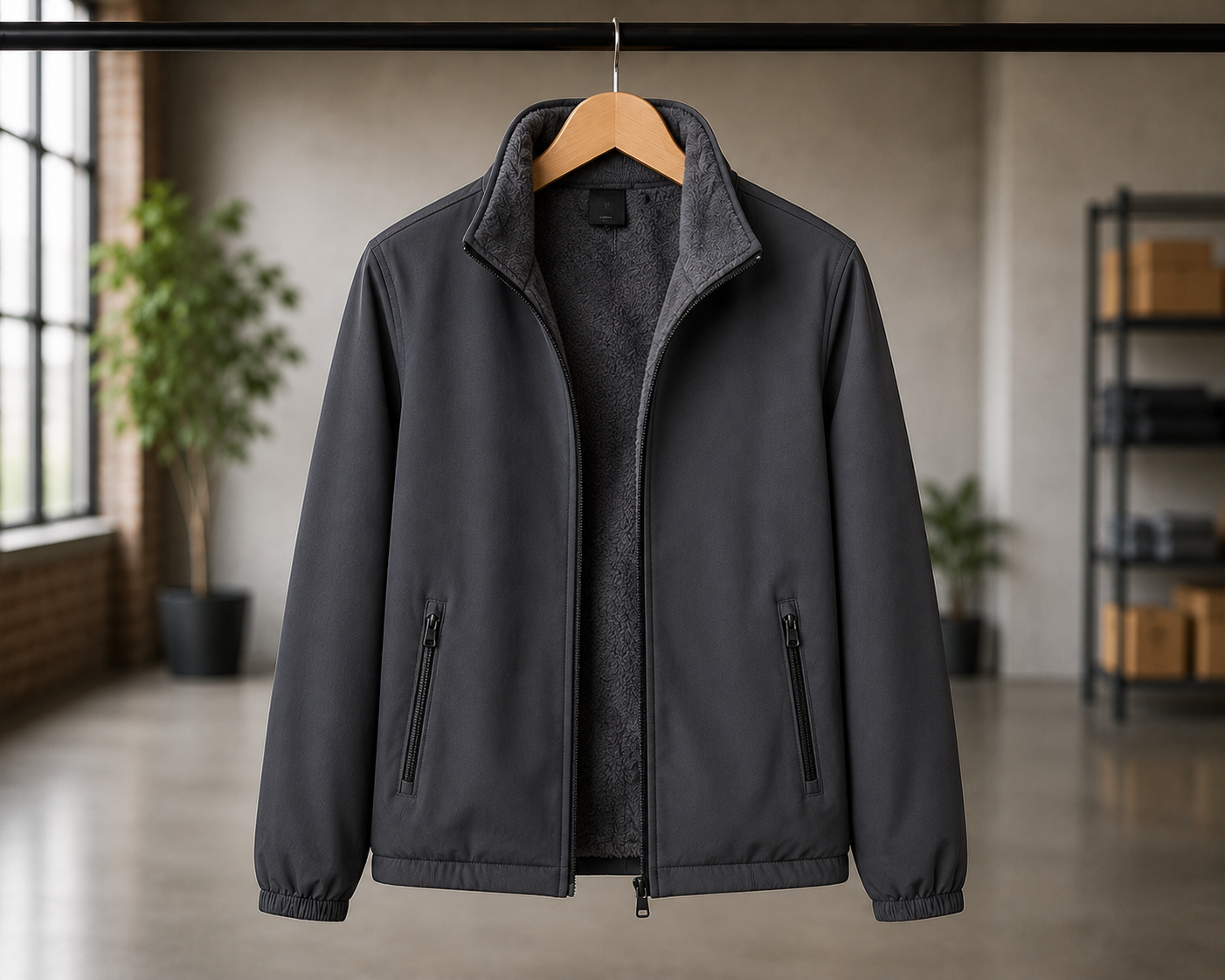 Dark grey custom fleece-lined athleisure jacket on hanger with zip pockets and sherpa interior lining, bulk athleisure jacket manufacturer