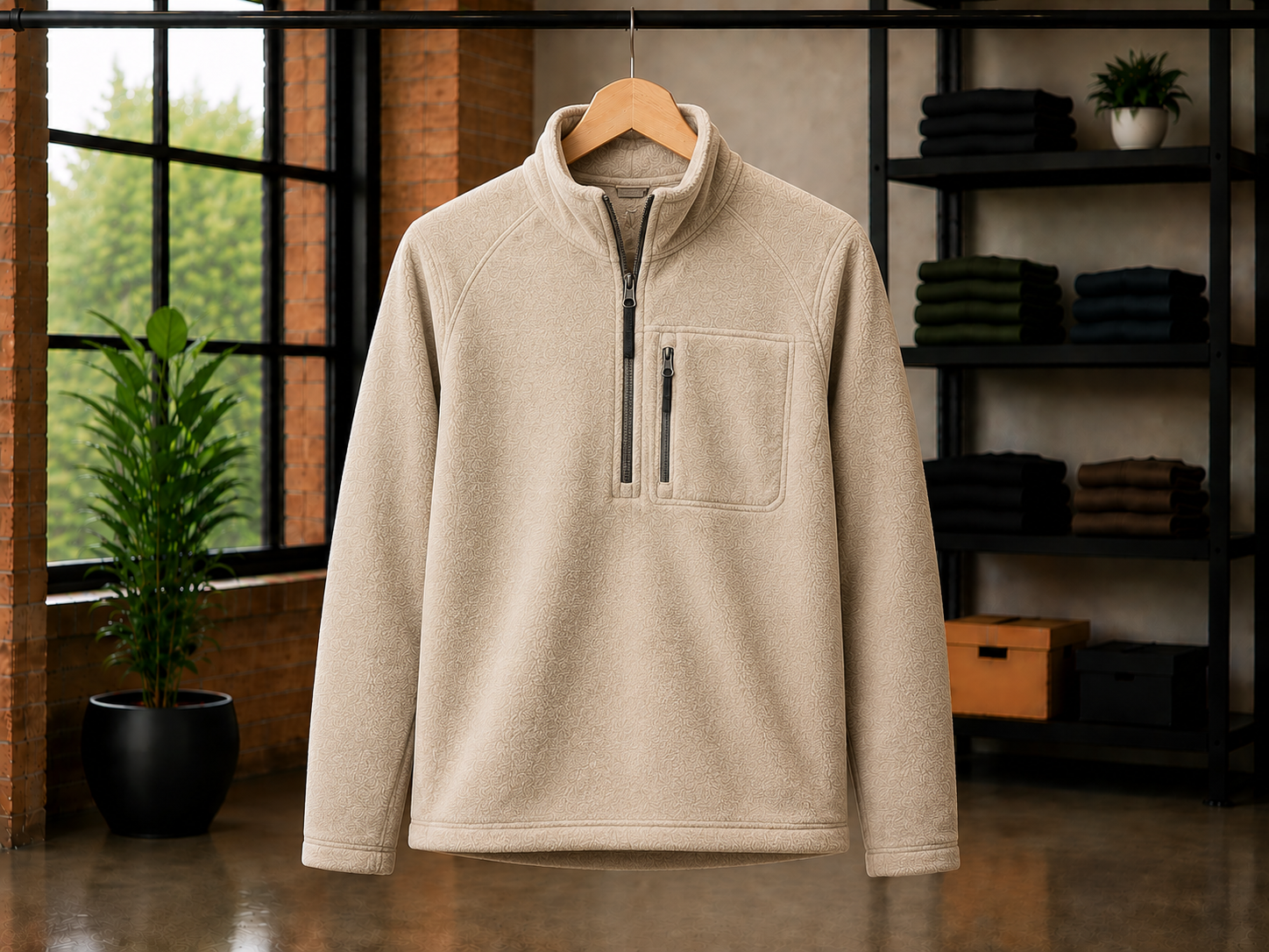Custom beige fleece half-zip pullover by Eco Jersey on a hanger, featuring a mock neck half-zip collar, chest zip pocket, long sleeves, and soft fleece fabric in a modern studio setting with shelving and indoor plants