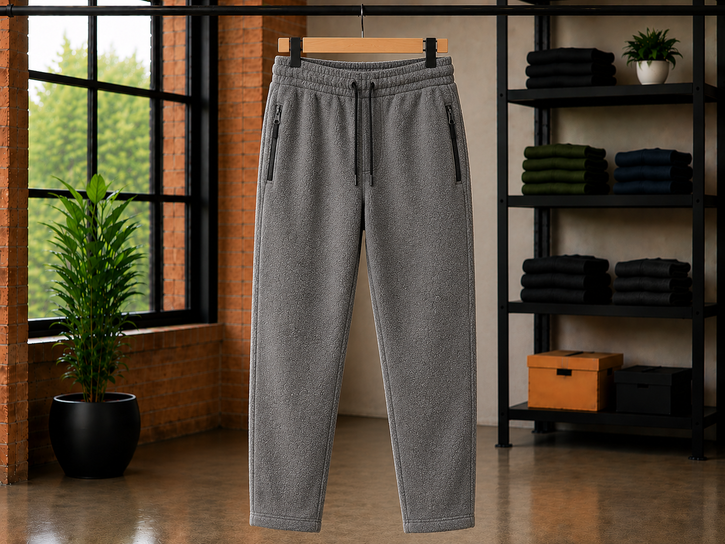 Custom gray fleece trousers and bottoms by Eco Jersey on a hanger, displaying the elastic waistband with drawstring, zip side pockets, tapered jogger fit, and soft fleece fabric in a modern studio setting