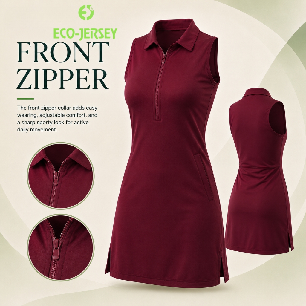 Eco Jersey front zipper infographic banner showing a custom maroon solid dress with front and back views and close-up callouts highlighting the polo collar front zipper for easy wearing, adjustable comfort, and sporty styling