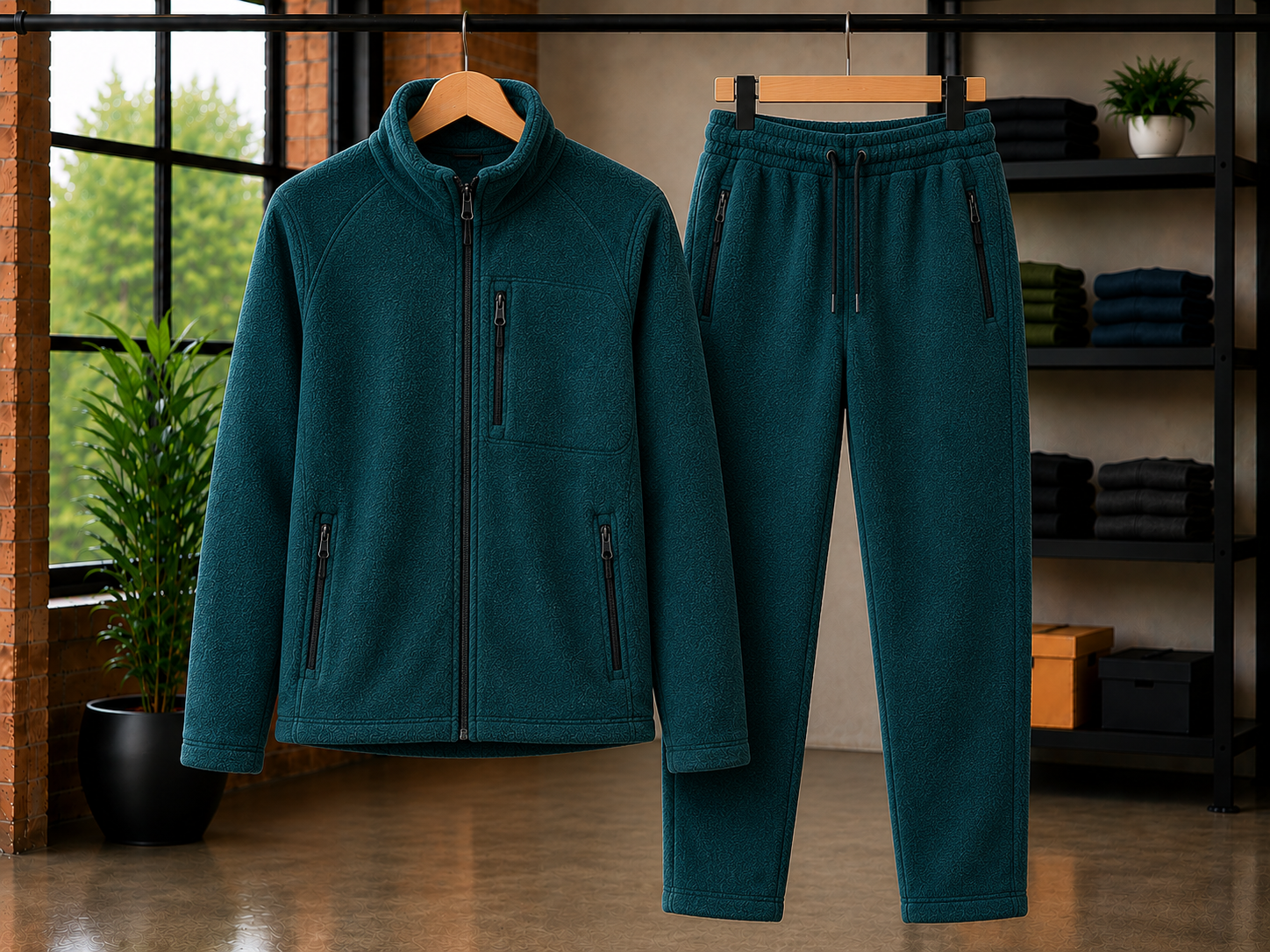 Custom full fleece matching set in teal by Eco Jersey, showing a full-zip fleece jacket and matching fleece jogger pants on hangers in a modern studio setting with shelving and indoor plants in the background