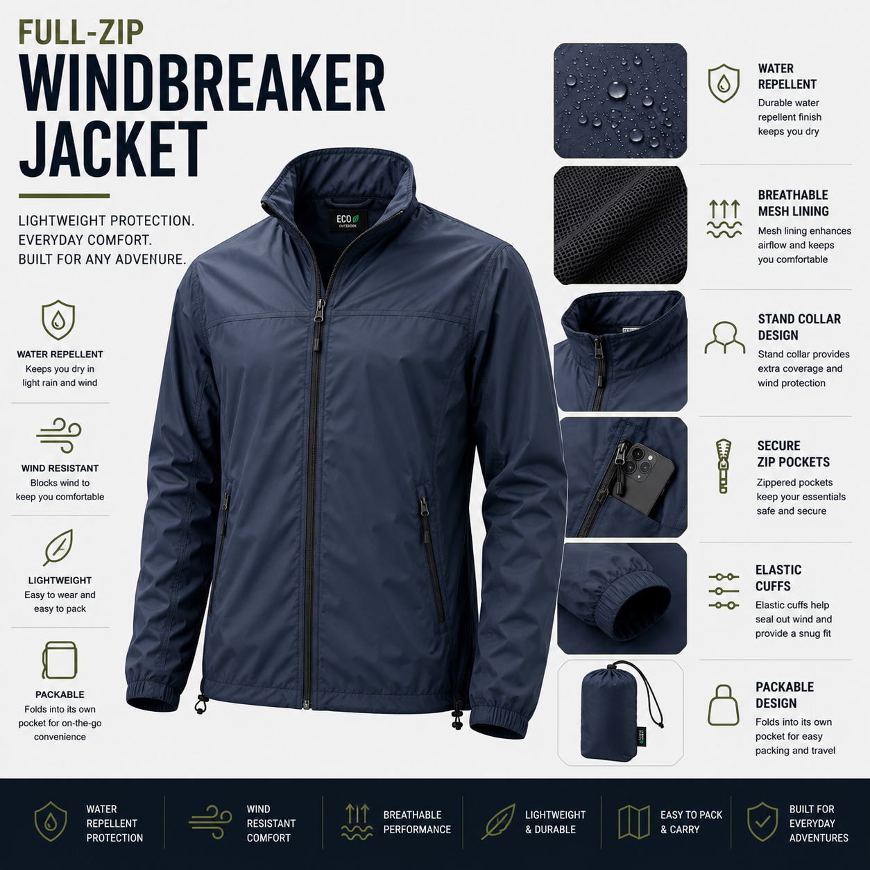 Full-zip windbreaker jackets with full-length zipper closure and adjustable cuffs for outdoor and sports activities
