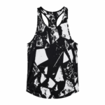 Custom black and white graphics stringer tank top by Eco Jersey displayed on a ghost mannequin, showing the Y-back racerback design, bold abstract graphic print, deep armhole, and overall garment structure