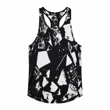 Custom black and white graphics stringer tank top by Eco Jersey displayed on a ghost mannequin, showing the Y-back racerback design, bold abstract graphic print, deep armhole, and overall garment structure