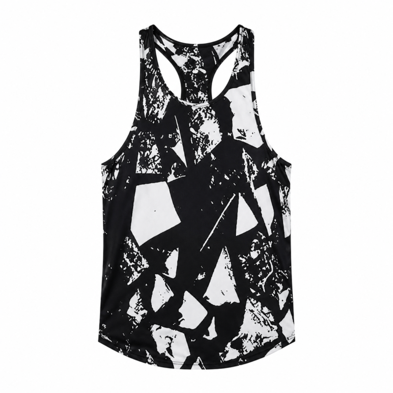 Custom black and white graphics stringer tank top by Eco Jersey displayed on a ghost mannequin, showing the Y-back racerback design, bold abstract graphic print, deep armhole, and overall garment structure