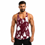 Muscular male model wearing a custom maroon graphics stringer tank top by Eco Jersey, featuring a bold white abstract graphic print, Y-back cut, and deep armhole design for gym and athletic wear