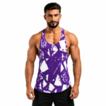 Muscular male model wearing a custom purple graphics stringer tank top by Eco Jersey, featuring a bold white abstract graphic print, Y-back cut, and deep armhole design for gym and athletic wear