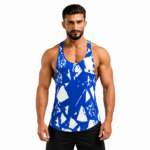 Muscular male model wearing a custom blue graphics stringer tank top by Eco Jersey, featuring a bold white abstract graphic print, Y-back cut, and deep armhole design for gym and athletic wear