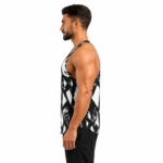 Side profile view of a muscular male model wearing a custom black and white graphics stringer tank top by Eco Jersey, showing the Y-back racerback design, strap detail, and athletic silhouette