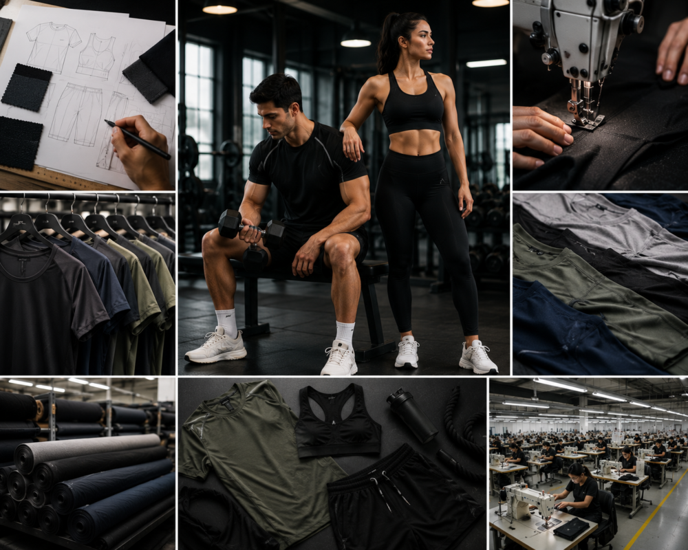 Gym clothing manufacturer by Eco Jersey - man and woman in black gym wear in fitness gym, with design sketches, sewing machine, hanging activewear, fabric rolls, gym wear flat lay, and manufacturing factory