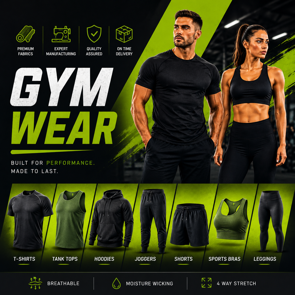 Gym wear manufacturer offering performance t-shirts, tank tops, hoodies, joggers, shorts, sports bras, and leggings built for performance and made to last
