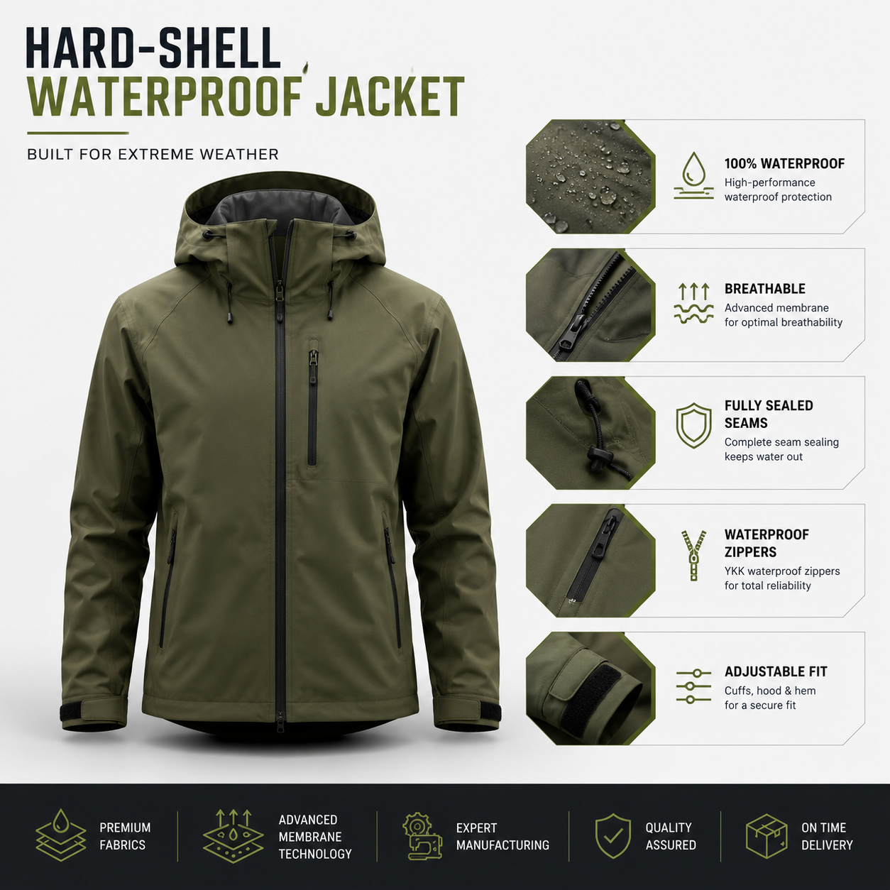 Hard-shell waterproof jackets with rigid outer layer and fully taped seams for maximum weather protection in outdoor activities