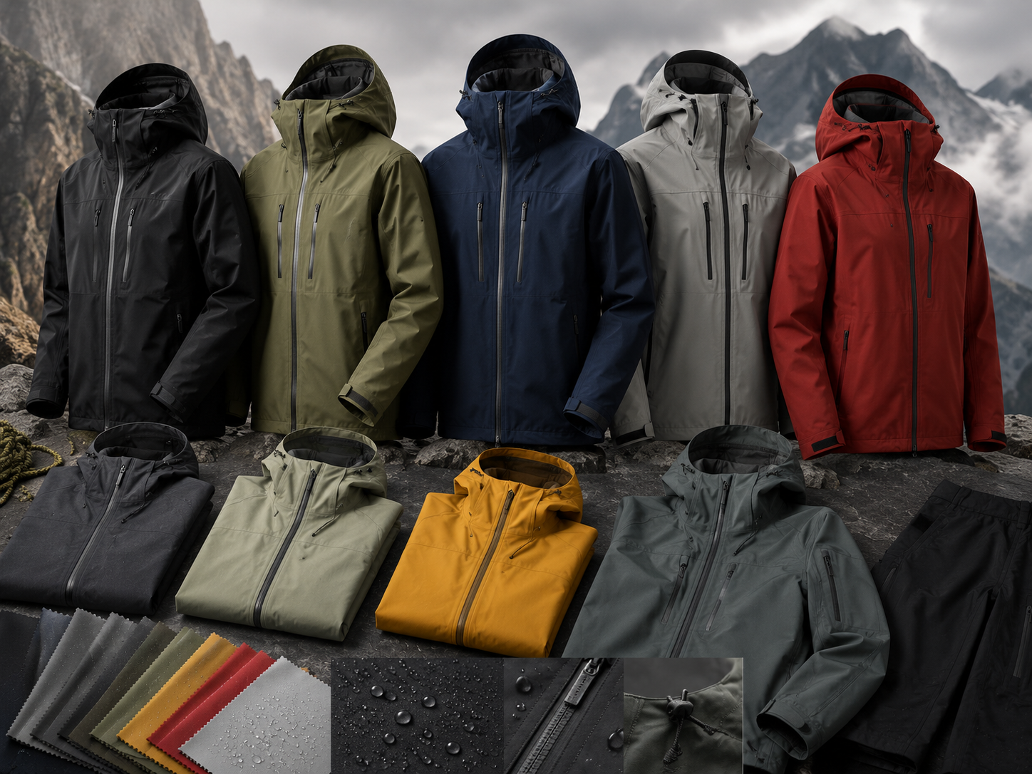 Eco Jersey hardshell jackets manufacturer banner showing 5 mannequins wearing hardshell jackets in black, olive, navy, beige, and red, with folded jackets in multiple colors, waterproof fabric close-up, and zipper detail insets against a mountain backdrop